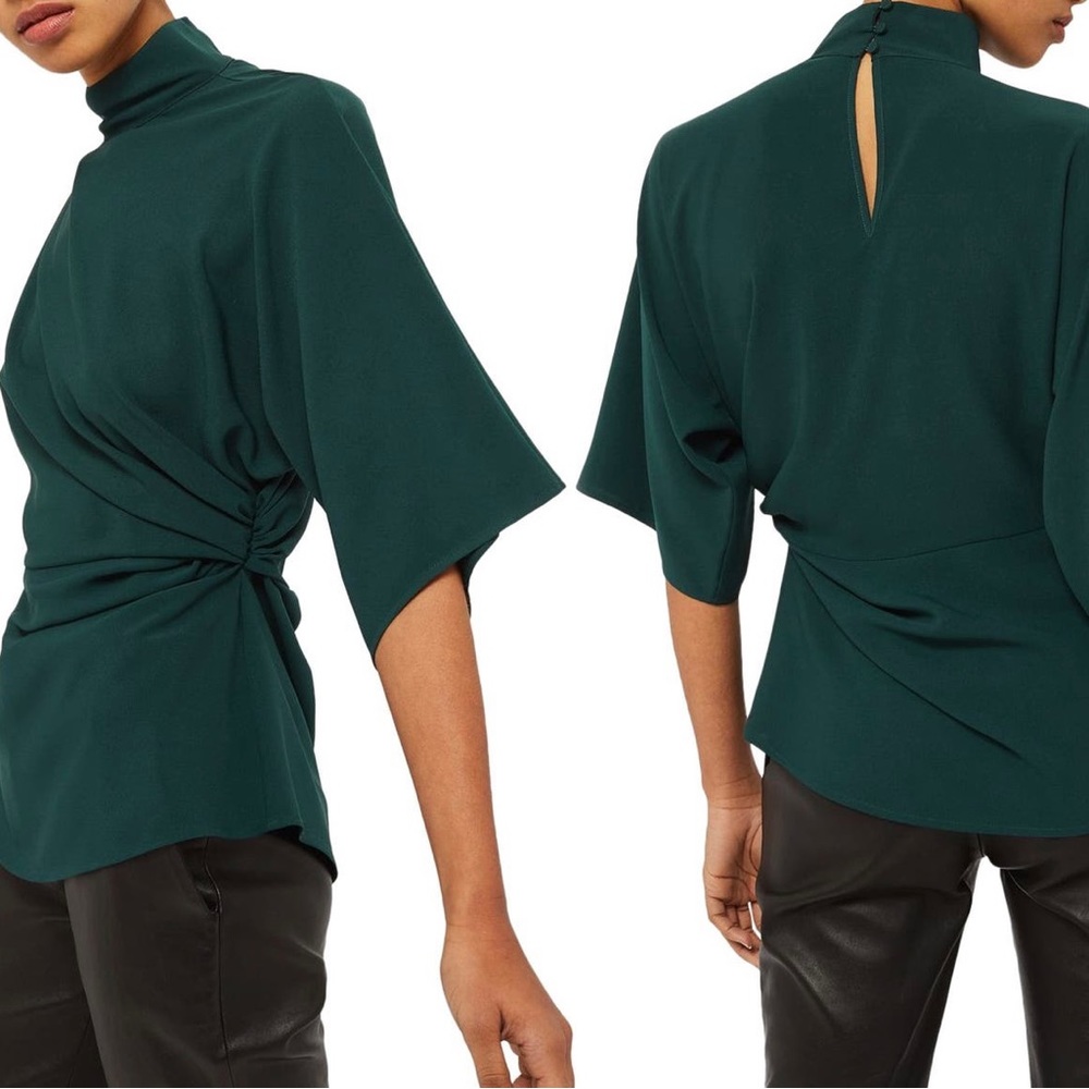 TopShop Origami Tuck Shirt Emerald Green Blouse Size 6